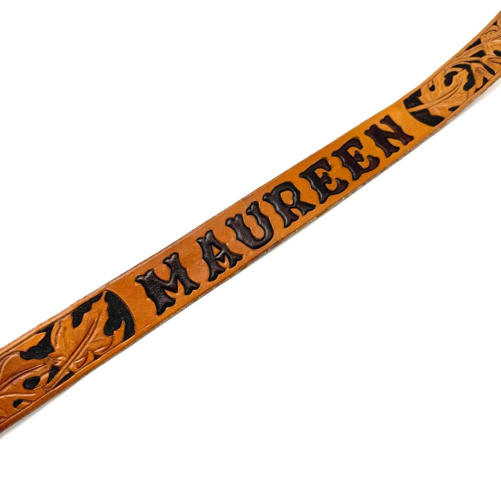 Maureen Vintage Western Name Belt 32 Hand Tooled Brown Leather Leaves No Buckle